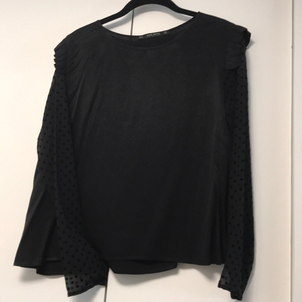 Zara Black blouse with sheer polka dot sleeves